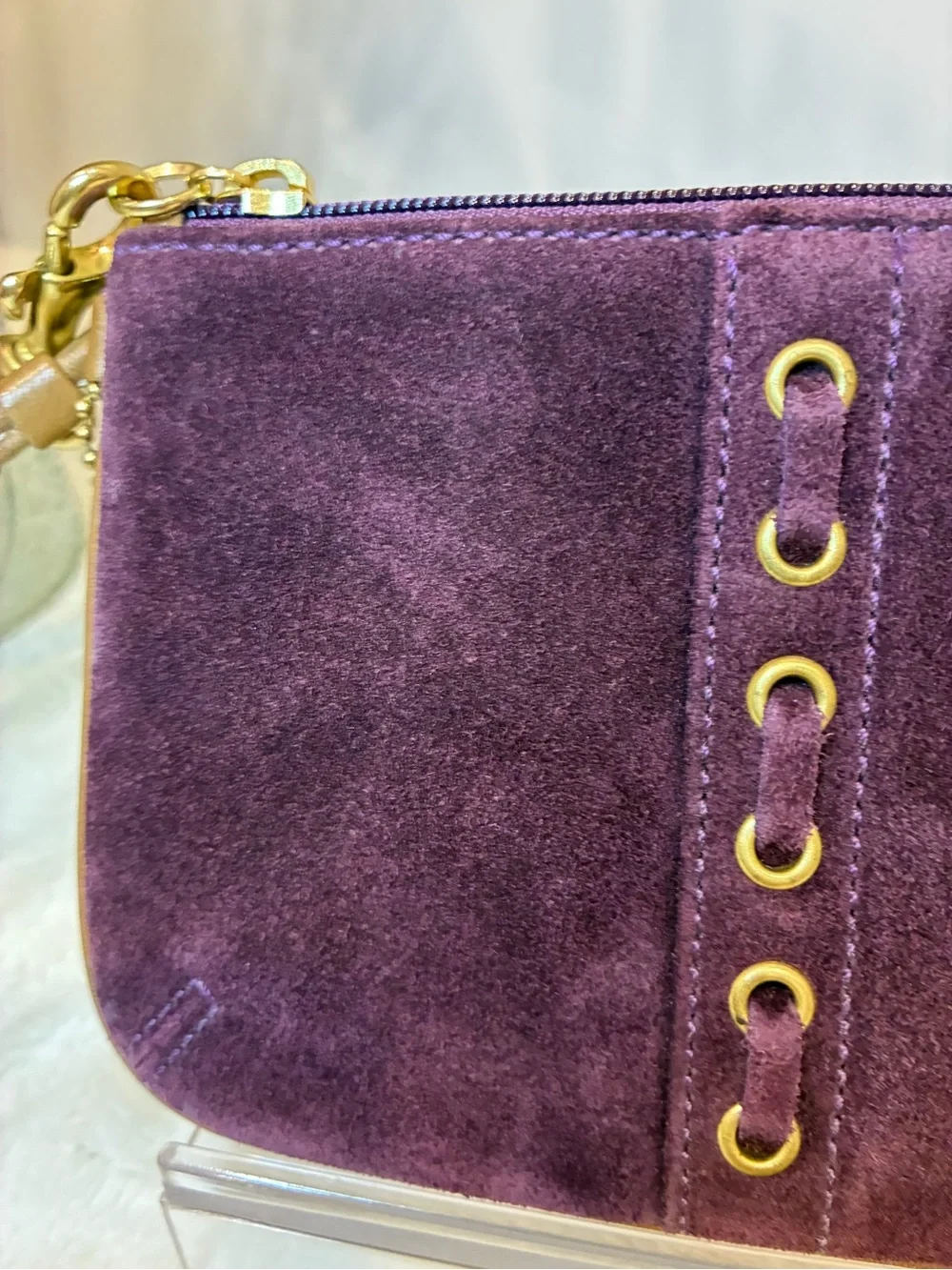 Coach Purple Suede Wristlet Clutch Brown Leather Trim Brass Grommet Y2K Vintage